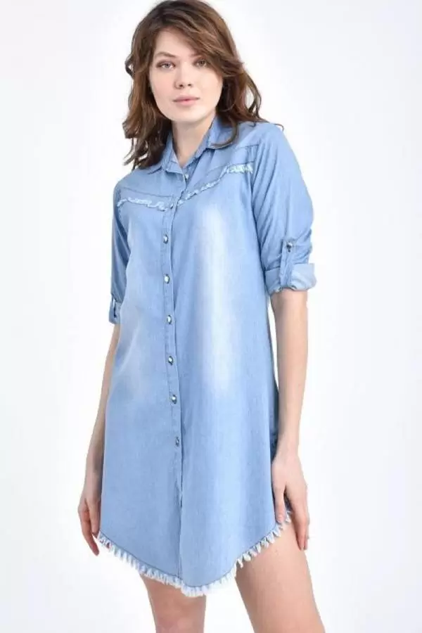 Göğüs ve Etek Kenarları Püsküllü Dar Kesim Açık Mavi Kadın Tunik