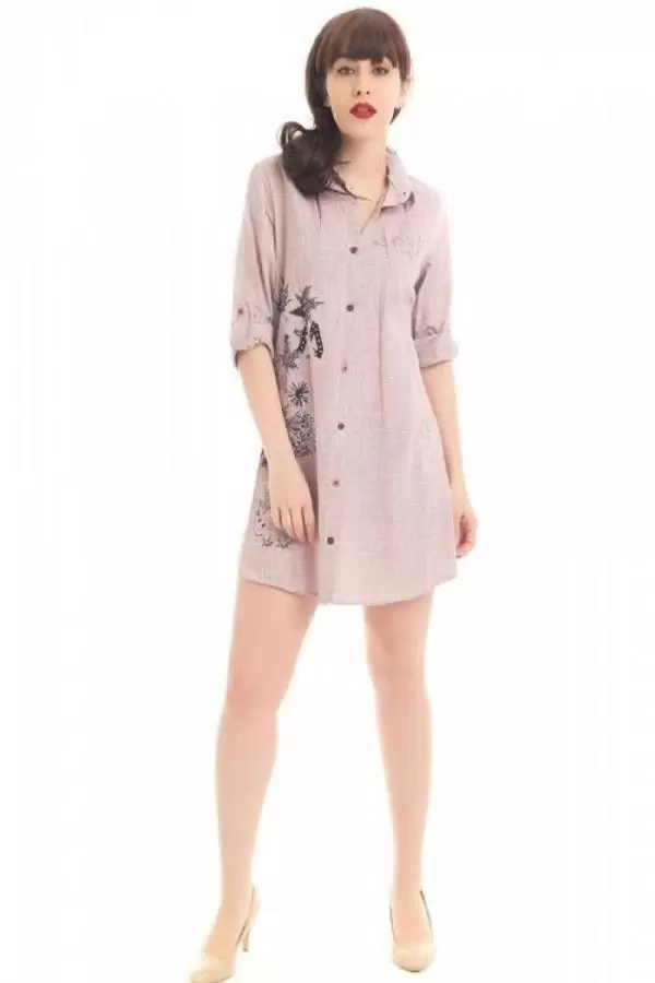 Gömlek Yaka İnci Yazı Baskılı Vizon Kadın Keten Tunik