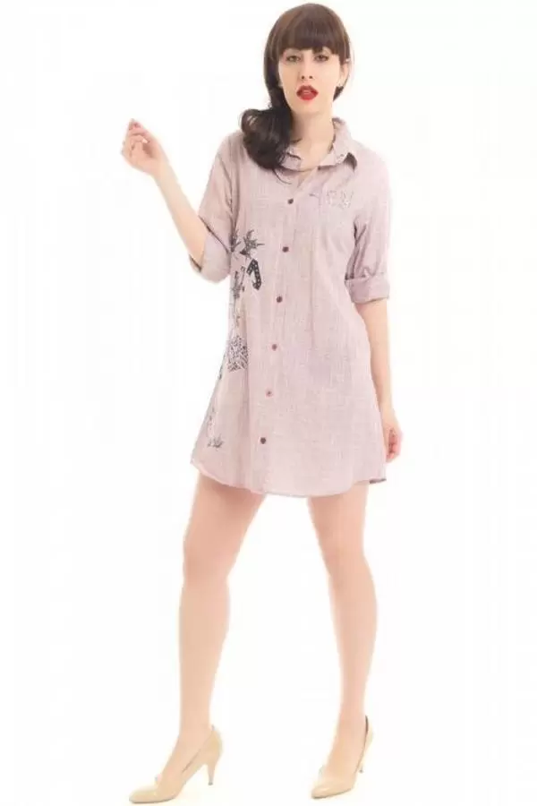 Gömlek Yaka İnci Yazı Baskılı Vizon Kadın Keten Tunik