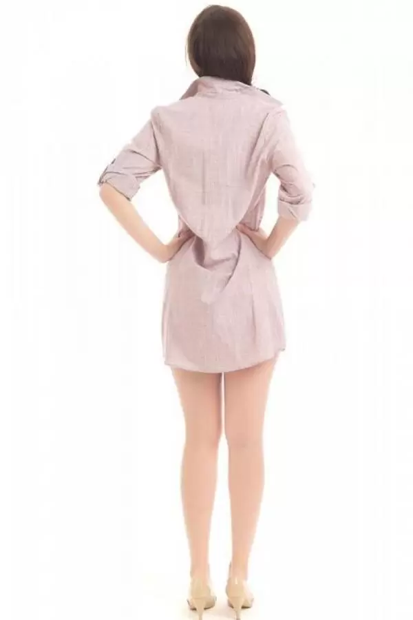 Gömlek Yaka İnci Yazı Baskılı Vizon Kadın Keten Tunik