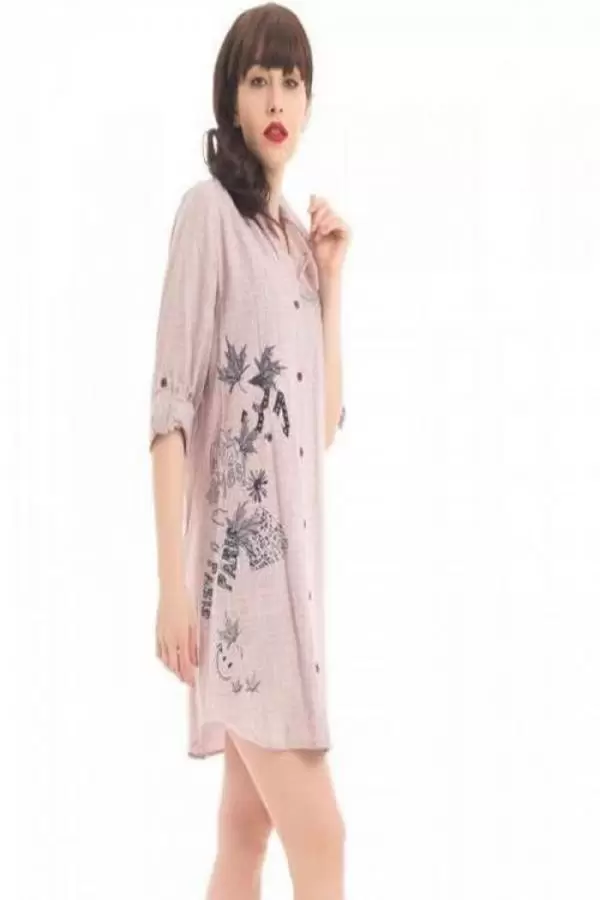 Gömlek Yaka İnci Yazı Baskılı Vizon Kadın Keten Tunik