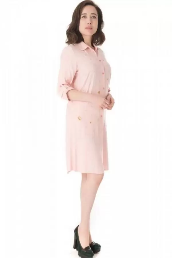 Gömlek Yaka Nakış İşlemeli Pembe Kadın Tunik