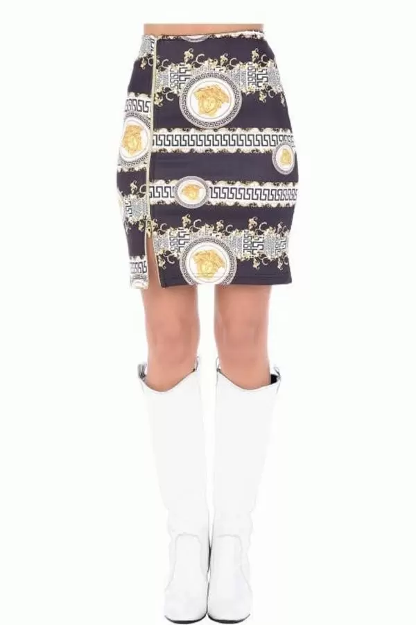 Güneş Baskılı Fermuarlı Füme Kadın Mini Etek