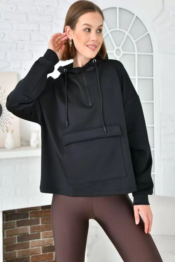 Kanguru Cepli Kapüşonlu Lacivert Kadın Sweatshırt