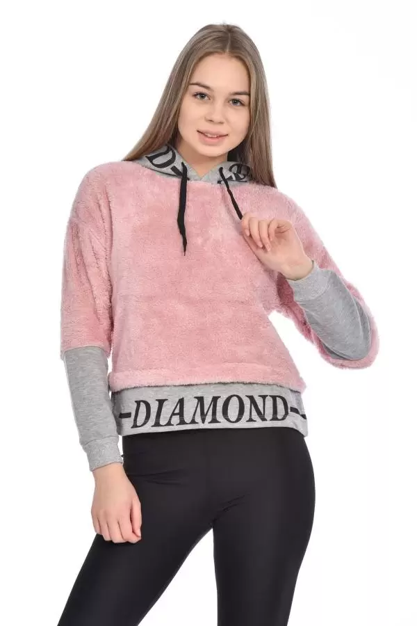 Kapüşonlu Baskılı Uzun Kollu Pudra Peluş Kadın Sweatshirt