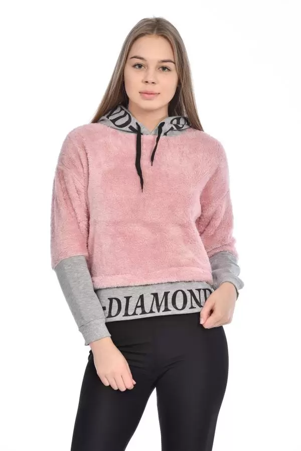 Kapüşonlu Baskılı Uzun Kollu Pudra Peluş Kadın Sweatshirt