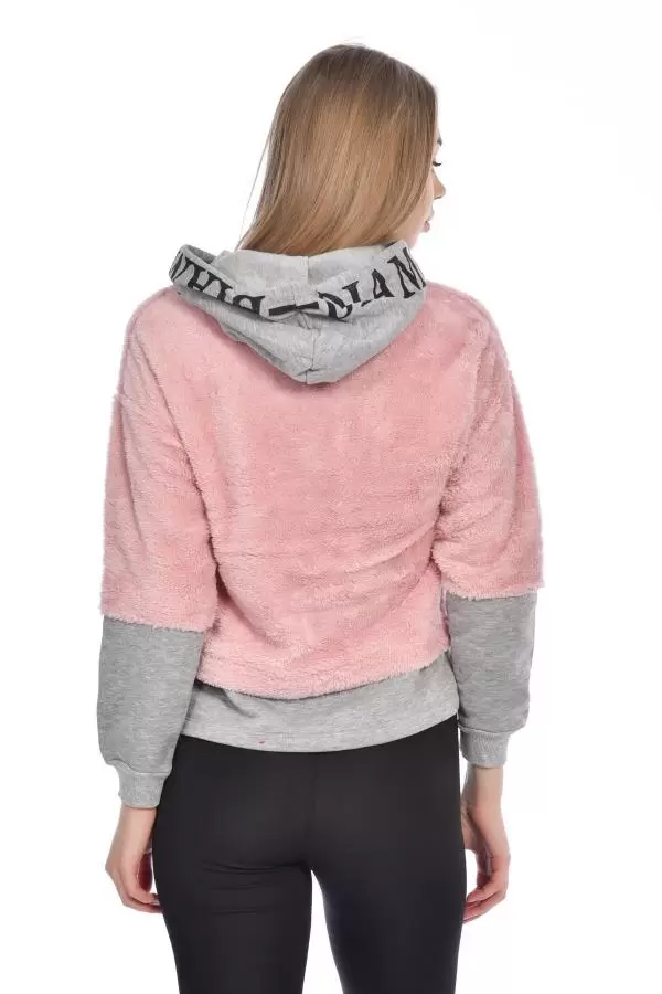 Kapüşonlu Baskılı Uzun Kollu Pudra Peluş Kadın Sweatshirt