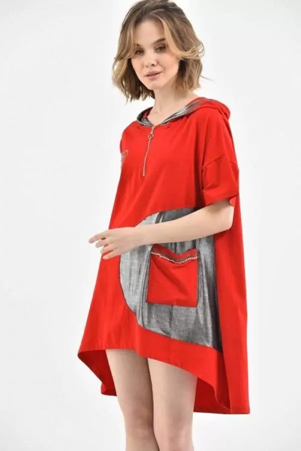Kapüşonlu Fermuarlı Taş Dizinli Cepli Kırmızı Kadın Elbise
