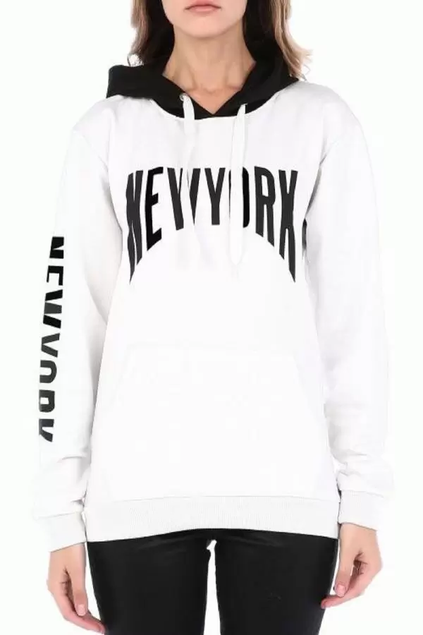 Kapüşonlu Kol ve Göğüs Baskılı Beyaz Kadın Sweatshirt
