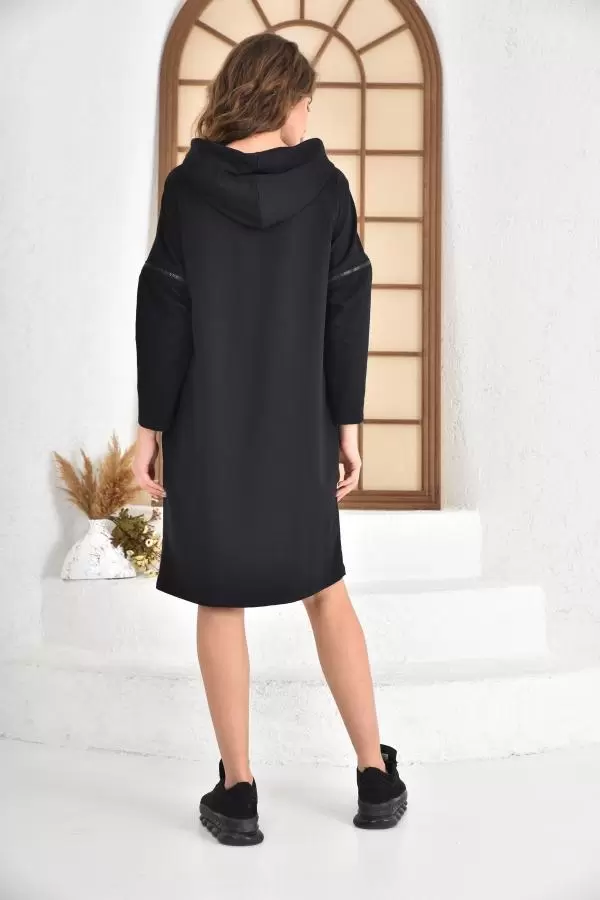 Kapüşonlu Koldan Fermuarlı Omuzdan Şeritli Cepli Siyah Kadın Elbise