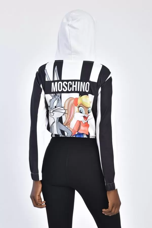 Kapüşonlu Ön ve Arka Baskılı Cepli Siyah Çizgili Beyaz Kadın Sweatshirt
