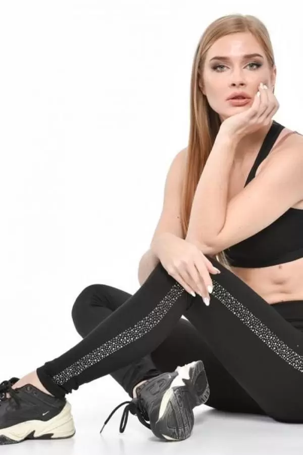 Kar Taneli Yandan Sıra Taş Dizinli Siyah Kadın Tayt