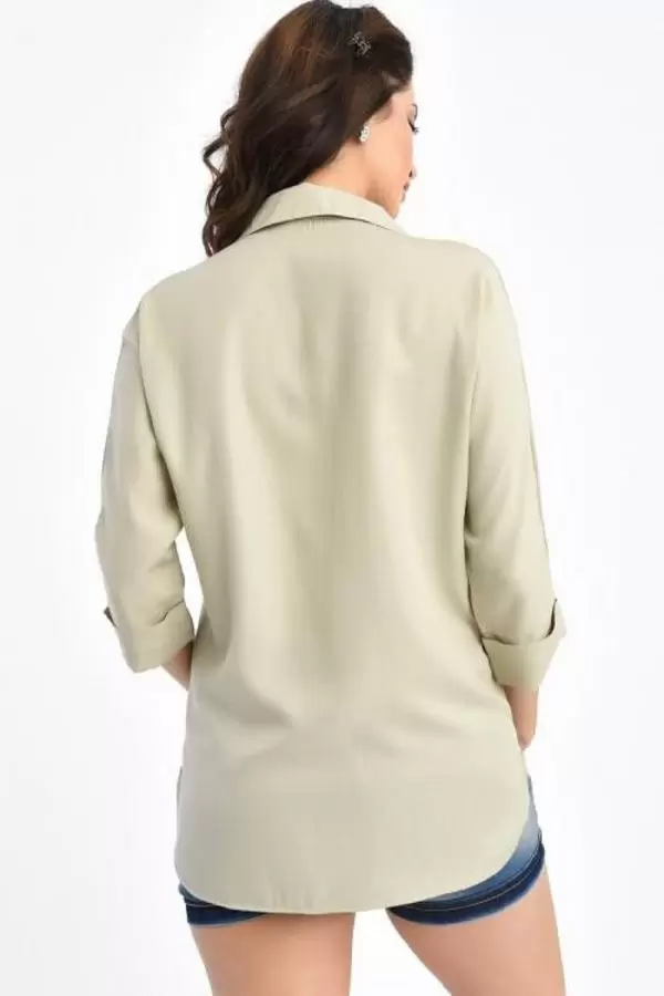 Kare Sıra Taşlı Kısa Kollu Bej Kadın Gömlek