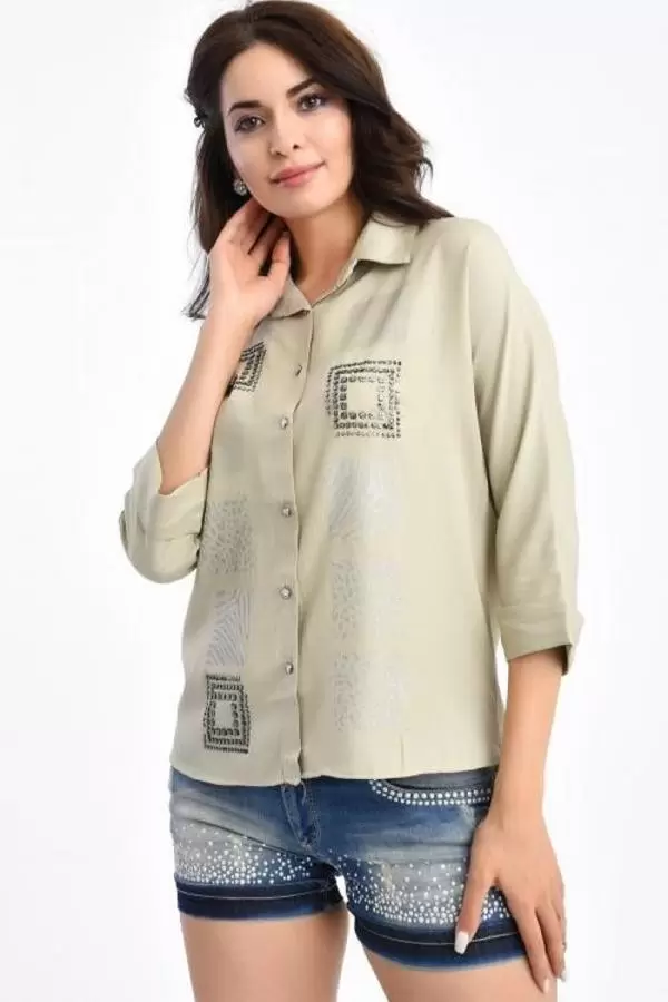 Kare Sıra Taşlı Kısa Kollu Bej Kadın Gömlek