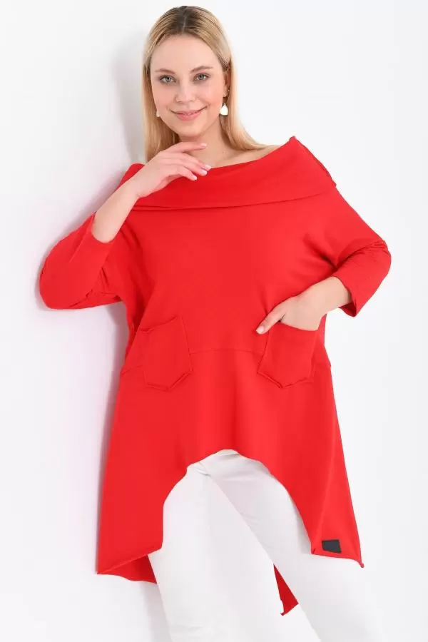 Kayık Yaka Asimetrik Kesimli Kırmızı Kadın Tunik