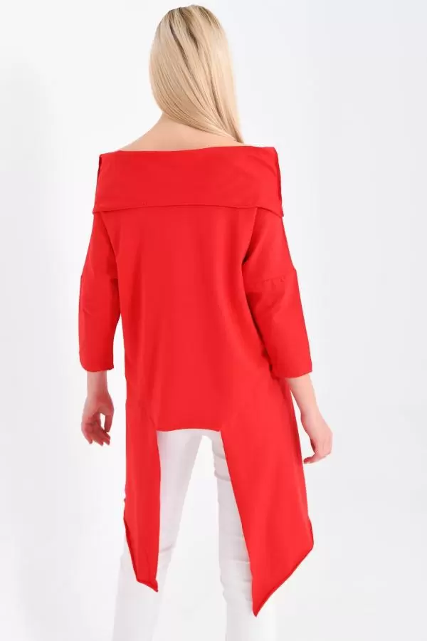 Kayık Yaka Asimetrik Kesimli Kırmızı Kadın Tunik