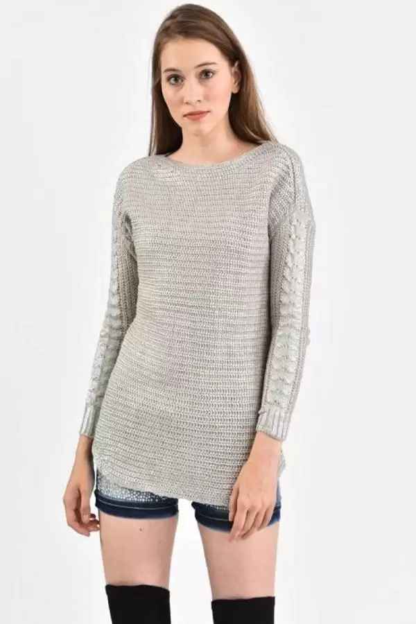 Kayık Yaka Kol Detaylı Zincir Örme Taş Kadın Kazak