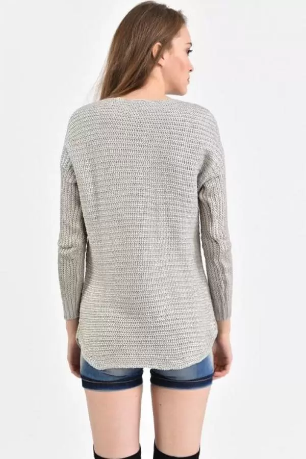 Kayık Yaka Kol Detaylı Zincir Örme Taş Kadın Kazak