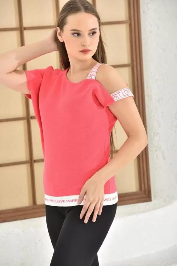 Kayık Yaka Tek Omuz Askılı Simli Pembe Triko Bluz