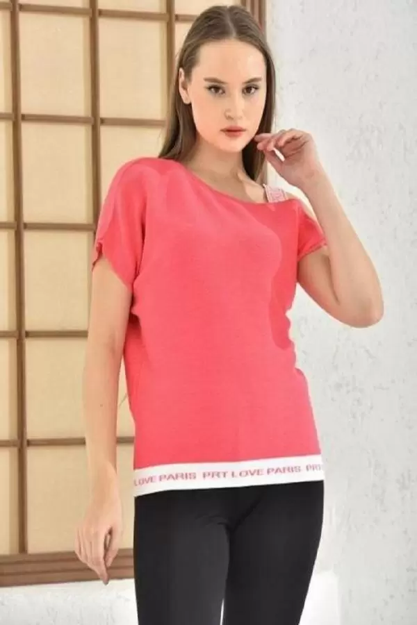 Kayık Yaka Tek Omuz Askılı Simli Pembe Triko Bluz