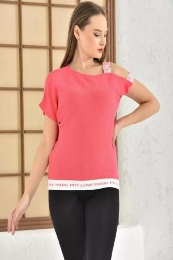 Kayık Yaka Tek Omuz Askılı Simli Pembe Triko Bluz