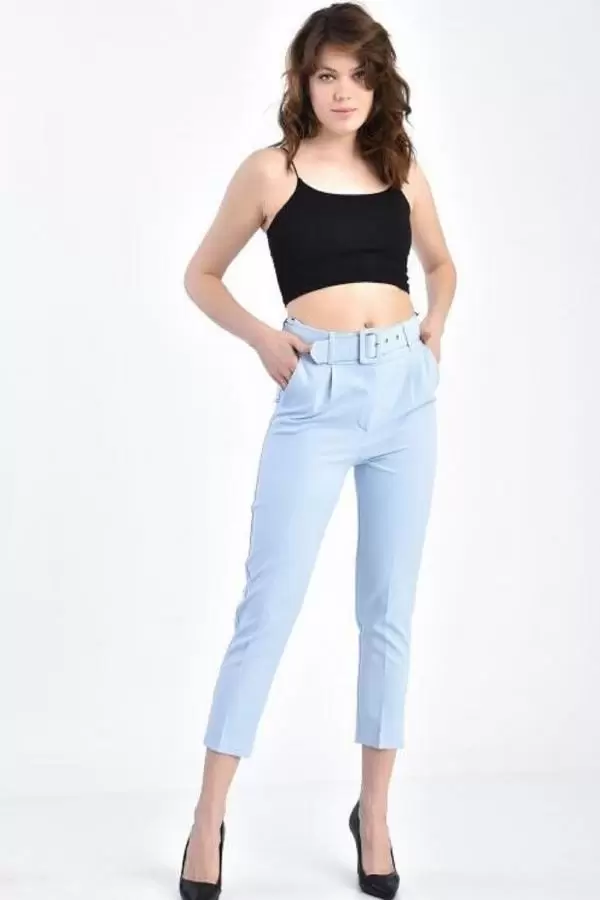Kemerli Bebe Mavi Bilek Kadın Pantolon