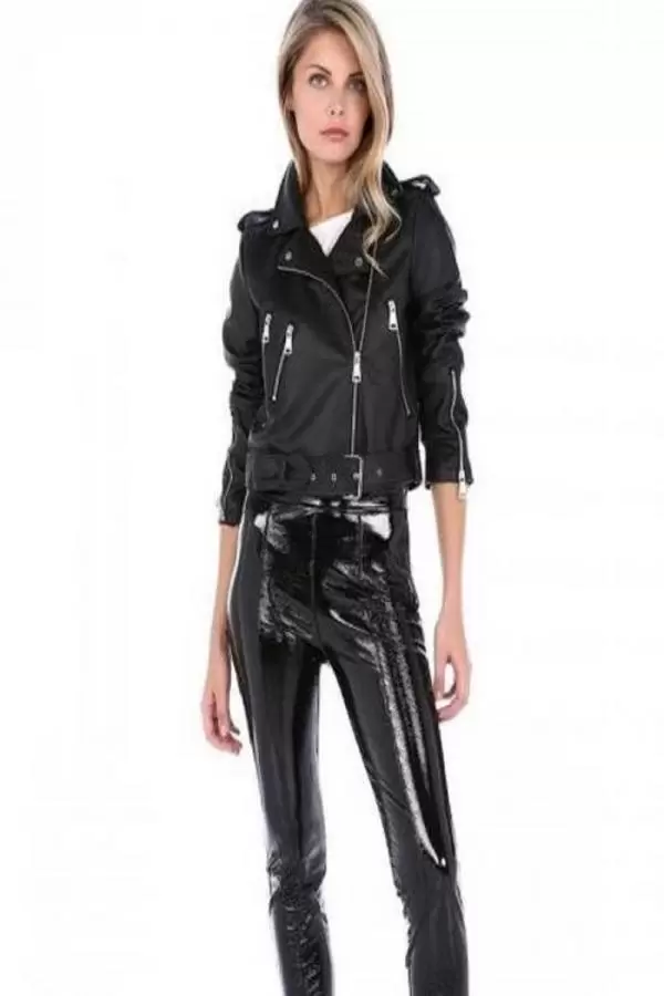 Kemerli Fermuar Detaylı Siyah Kadın Deri Mont