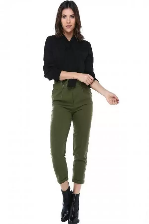 Kemerli Haki Bilek Kadın Pantolon