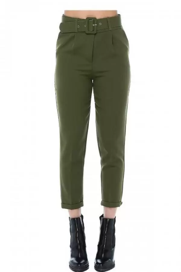 Kemerli Haki Bilek Kadın Pantolon