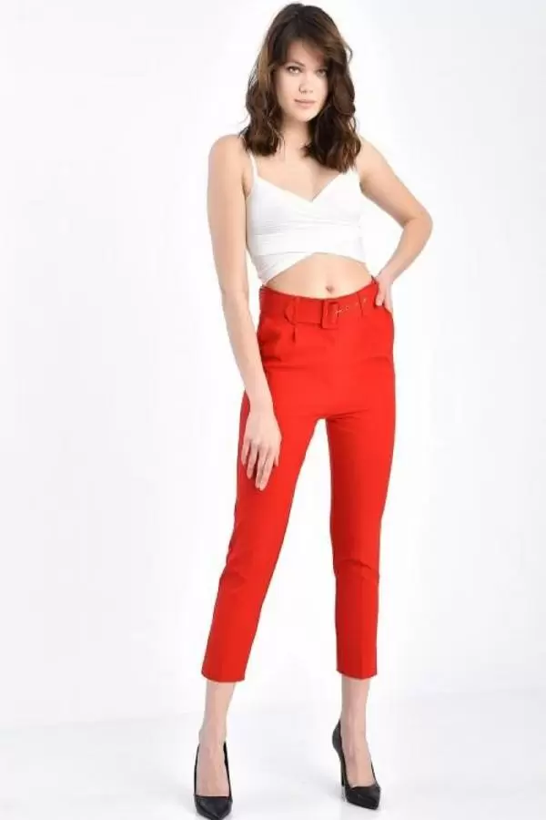 Kemerli Kırmızı Bilek Kadın Pantolon