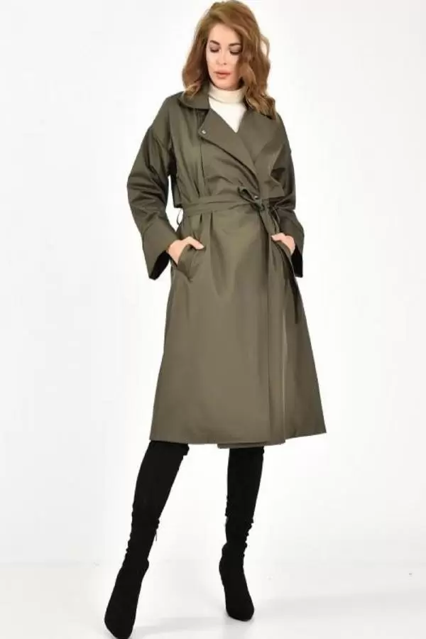 Kemerli ve Çıtçıtlı Haki Kadın Trençkot