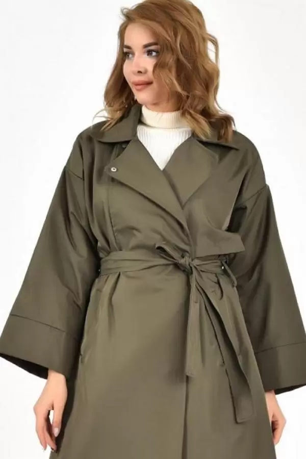 Kemerli ve Çıtçıtlı Haki Kadın Trençkot