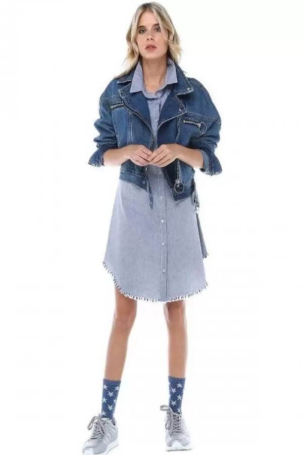 Kenarları Saçaklı Kolları Katlanabilir Gri Keten Kadın Tunik