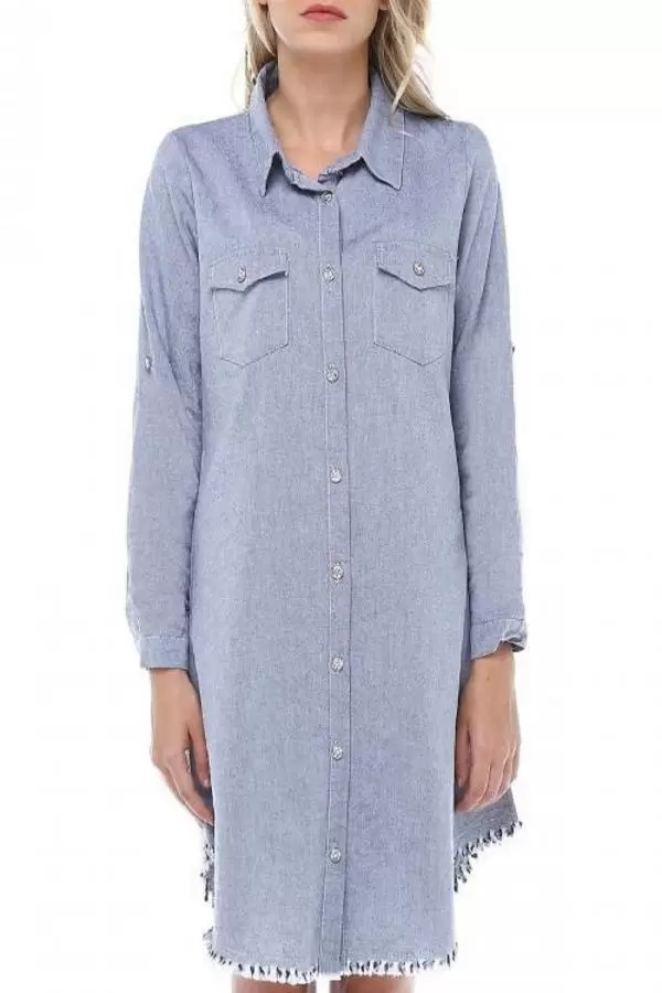 Kenarları Saçaklı Kolları Katlanabilir Gri Keten Kadın Tunik