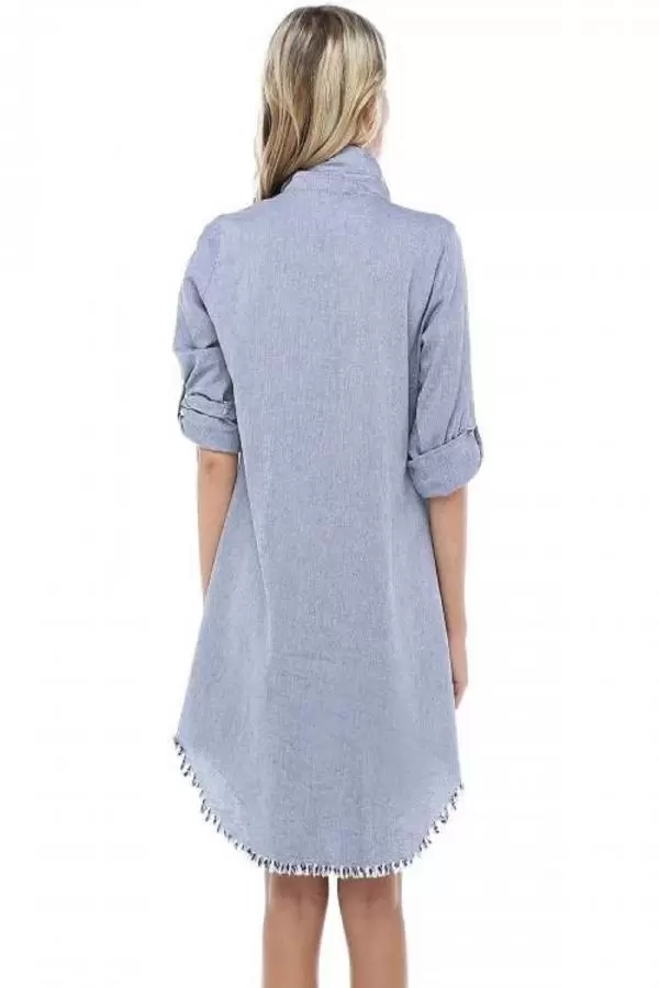 Kenarları Saçaklı Kolları Katlanabilir Gri Keten Kadın Tunik