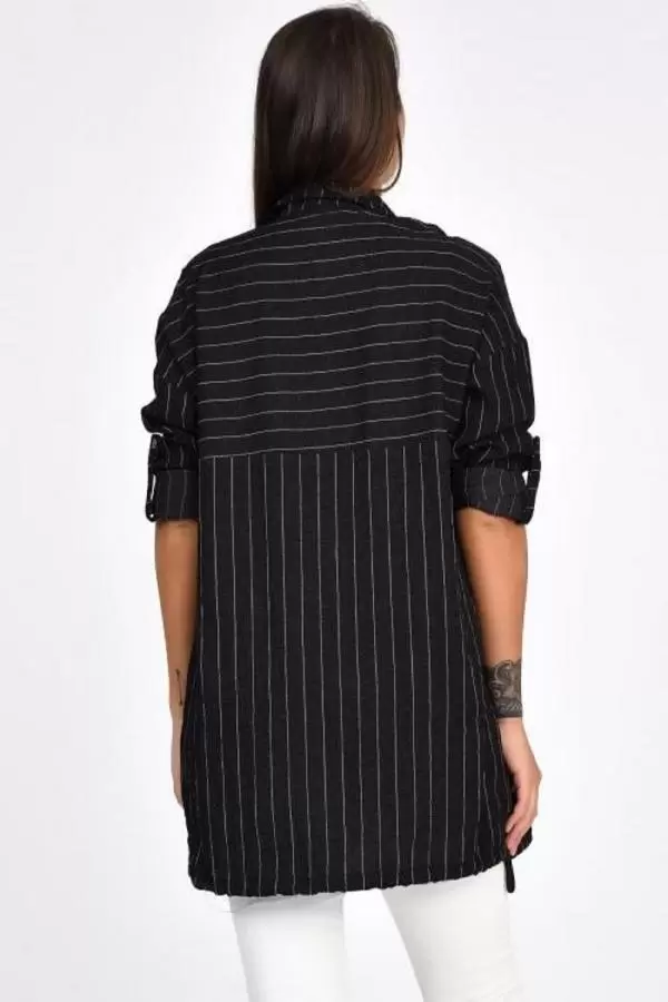 Kolları Katlanabilir Penyeli ve Bağcıklı Siyah Kadın Gömlek