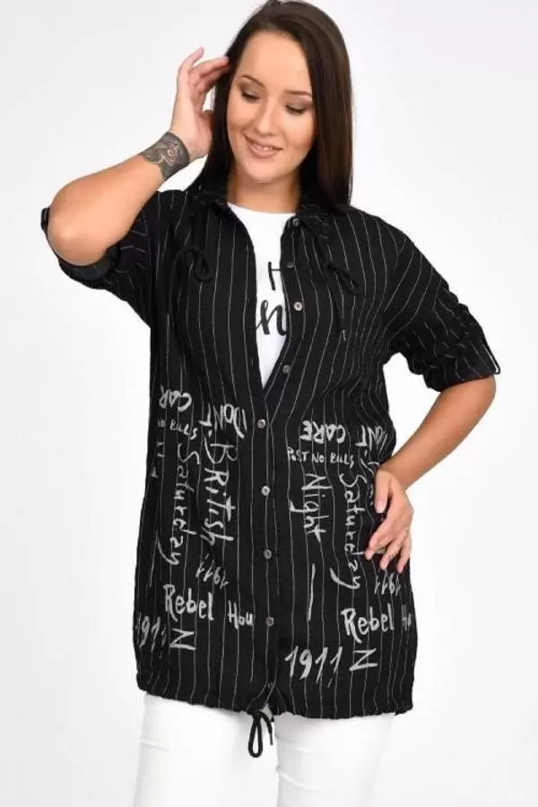 Kolları Katlanabilir Penyeli ve Bağcıklı Siyah Kadın Gömlek