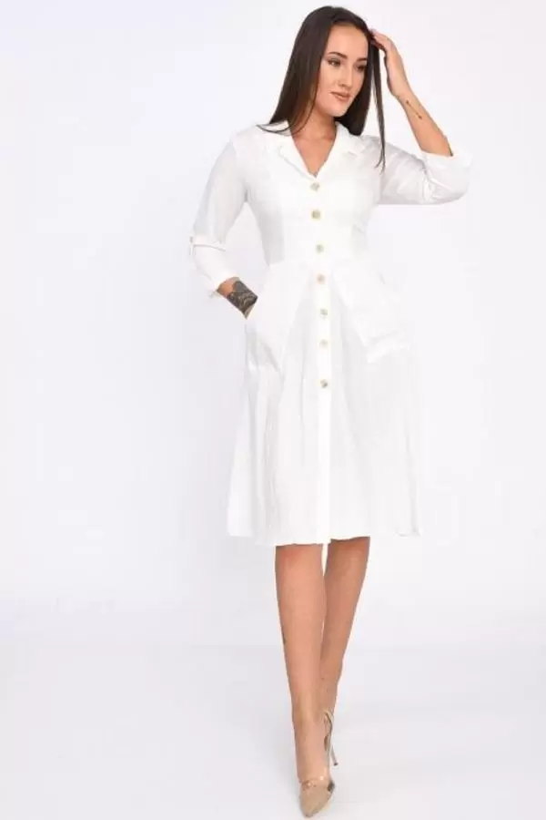 Kruvaze Yaka Cep Düğmeli ve Sırt Detaylı Beyaz Kadın Elbise