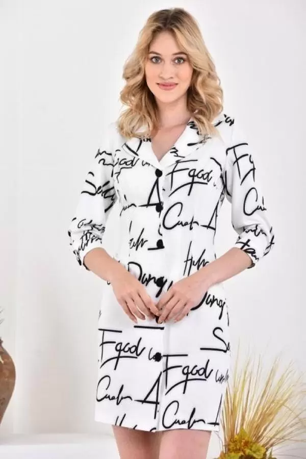 Kruvaze Yaka Düğme Kuşak ve Baskılı Beyaz Kadın Elbise