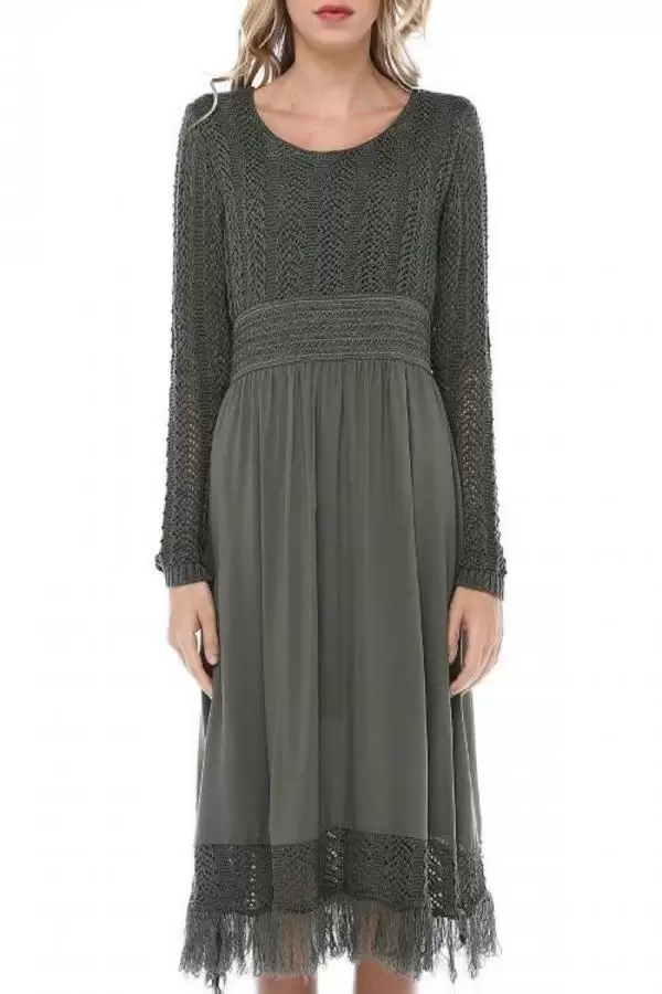 Kuş Gözlü Saçaklı Haki Triko Kadın Elbise