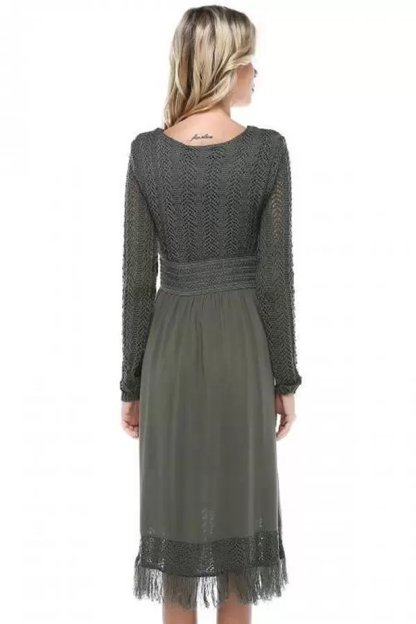 Kuş Gözlü Saçaklı Haki Triko Kadın Elbise