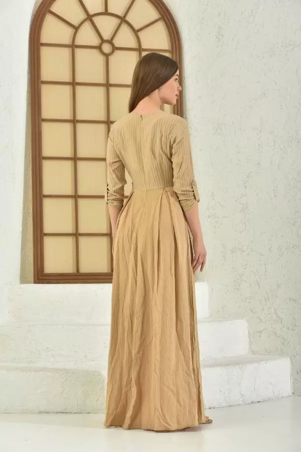 Nakışlı Bağcıklı ve Çizgili Uzun Bej Kadın Elbise