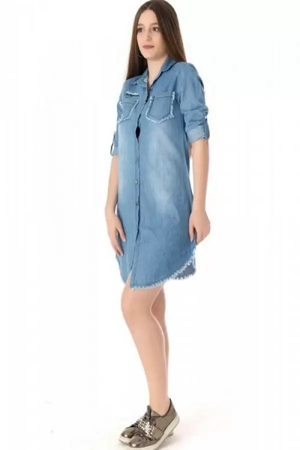 Nakışlı ve Püsküllü Açık Mavi Kadın Tunik