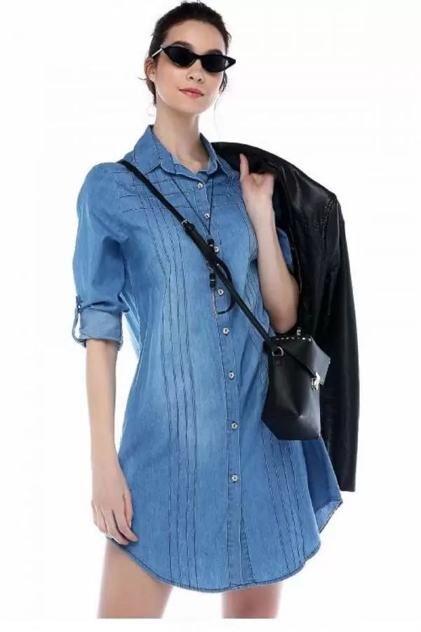 Önden Sıra Şeritli Açık Mavi Kadın Tunik