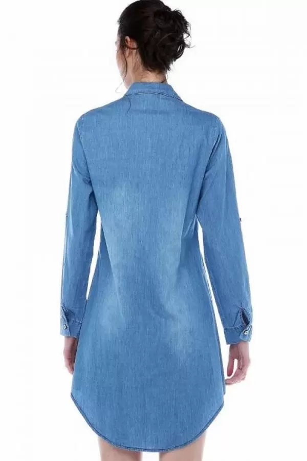 Önden Sıra Şeritli Açık Mavi Kadın Tunik