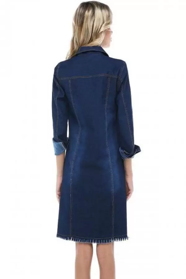 Püsküllü Düğmeli Uzun Koyu Mavi Kadın Kot Elbise
