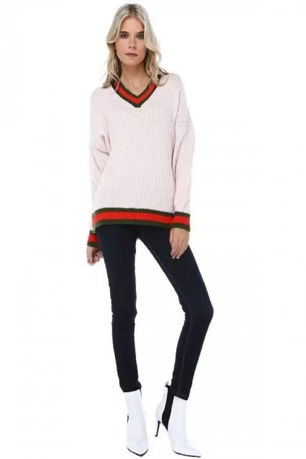 Selanik V Yaka Pudra Triko Kazak