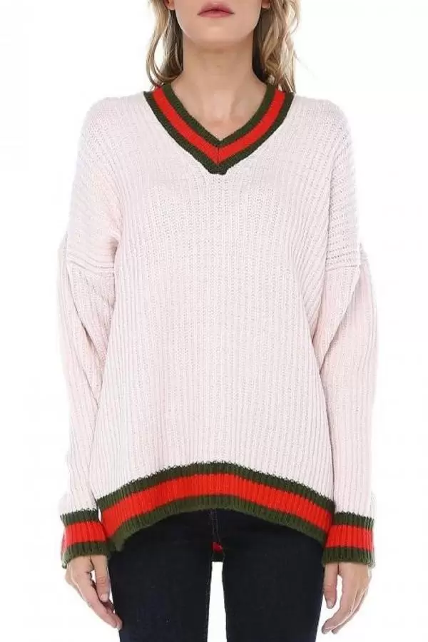 Selanik V Yaka Pudra Triko Kazak