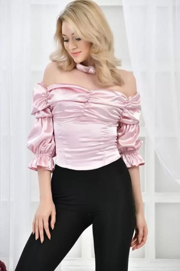 Straplez Yaka Prenses Kollu Saten Pudra Kadın Bluz
