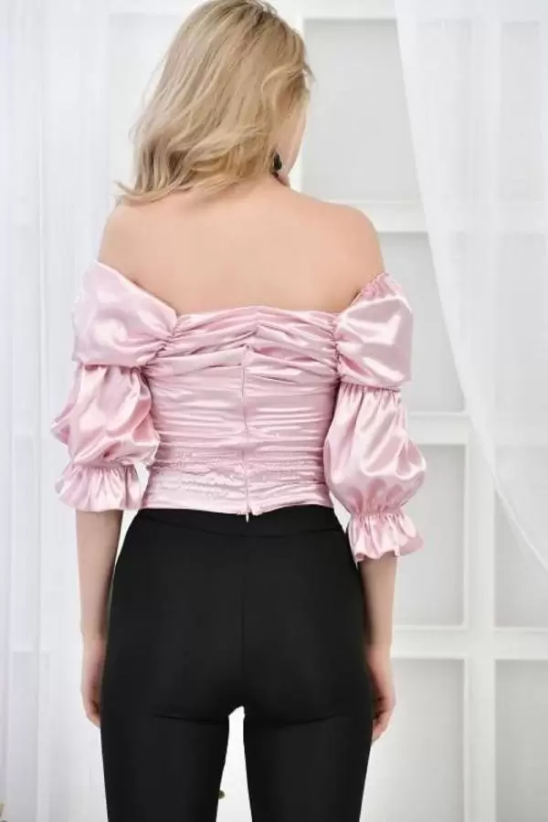 Straplez Yaka Prenses Kollu Saten Pudra Kadın Bluz